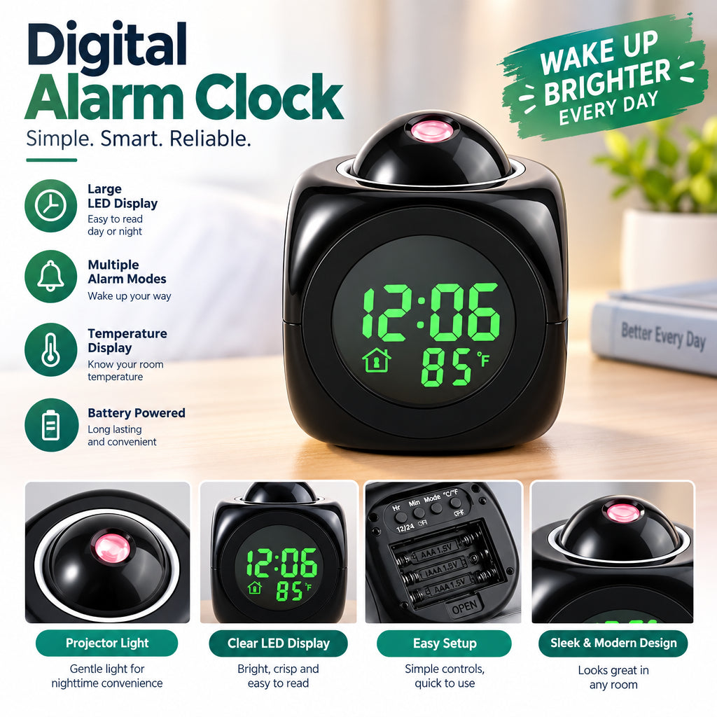 LED Projection Alarm Clock with USB – product image 3